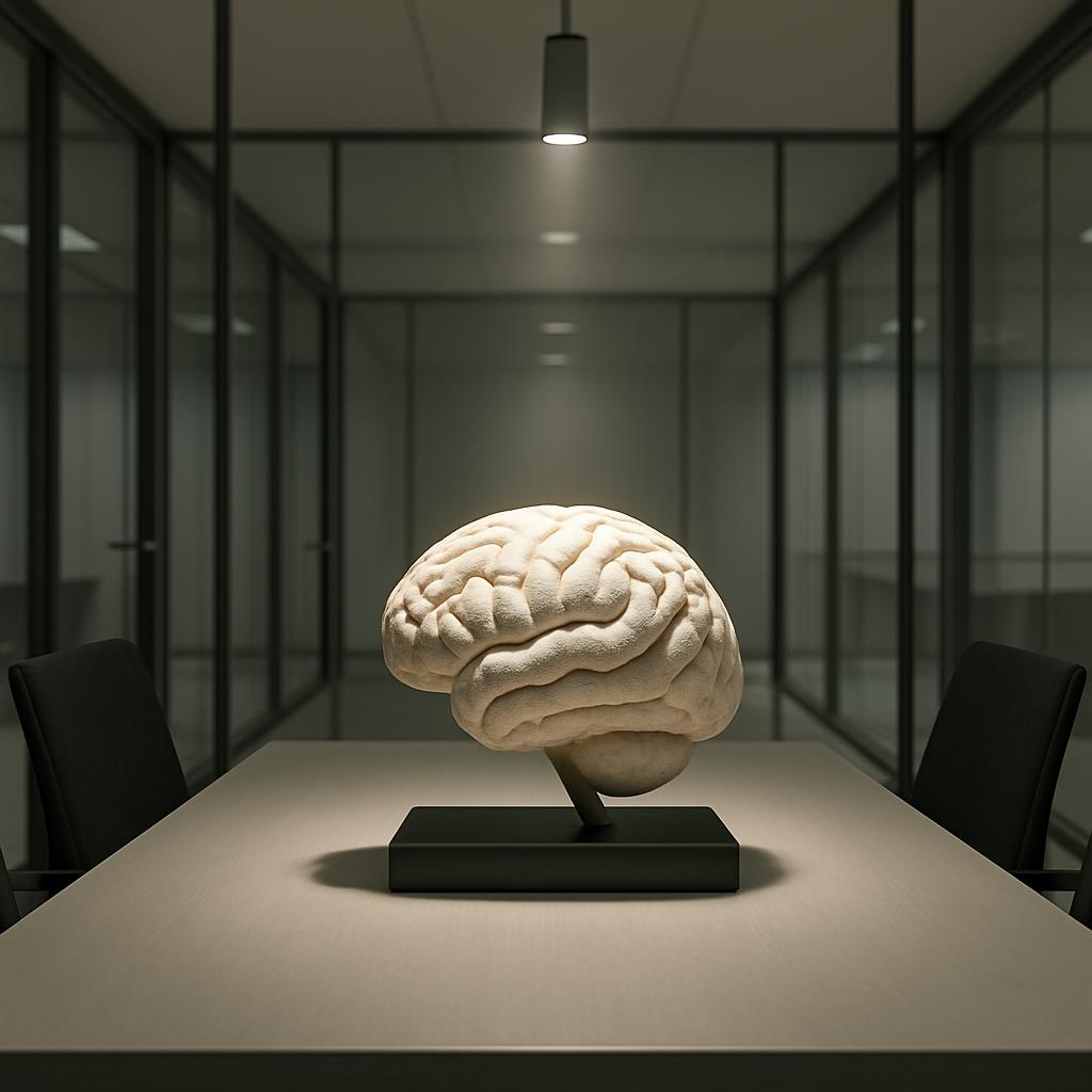 une table dans une salle de conférence avec un modèle du cerveau en arrière-plan